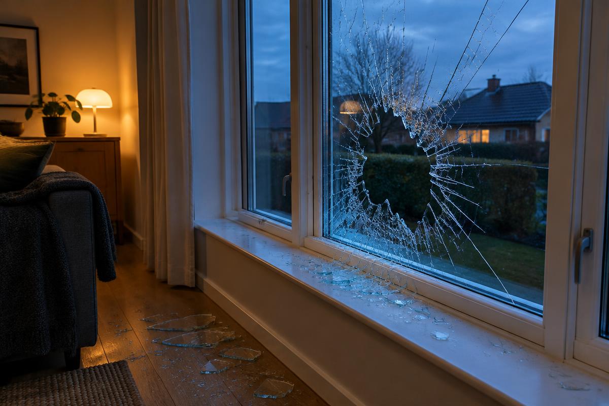 Rude slået i stykker af en bold eller en sten