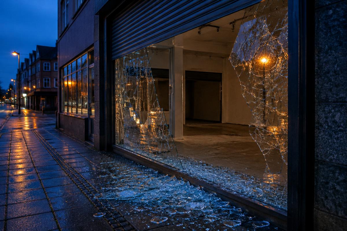 Knust butiksvindue med glasskår på fortovet