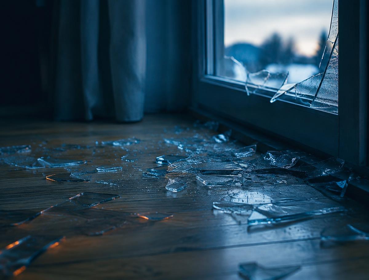 Smadret rude med glasskår efter glasskade