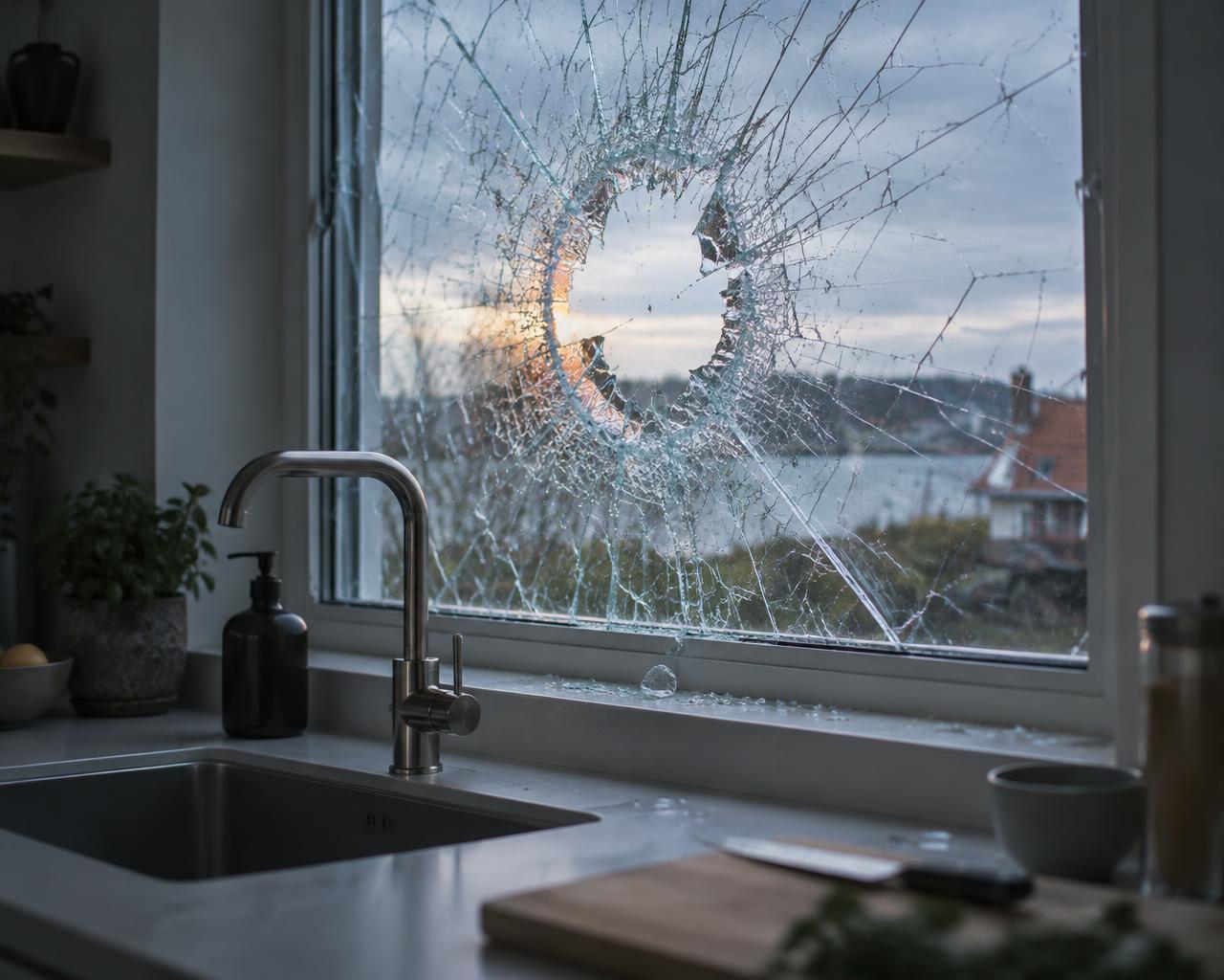 Knust rude i et køkkenvindue over vasken