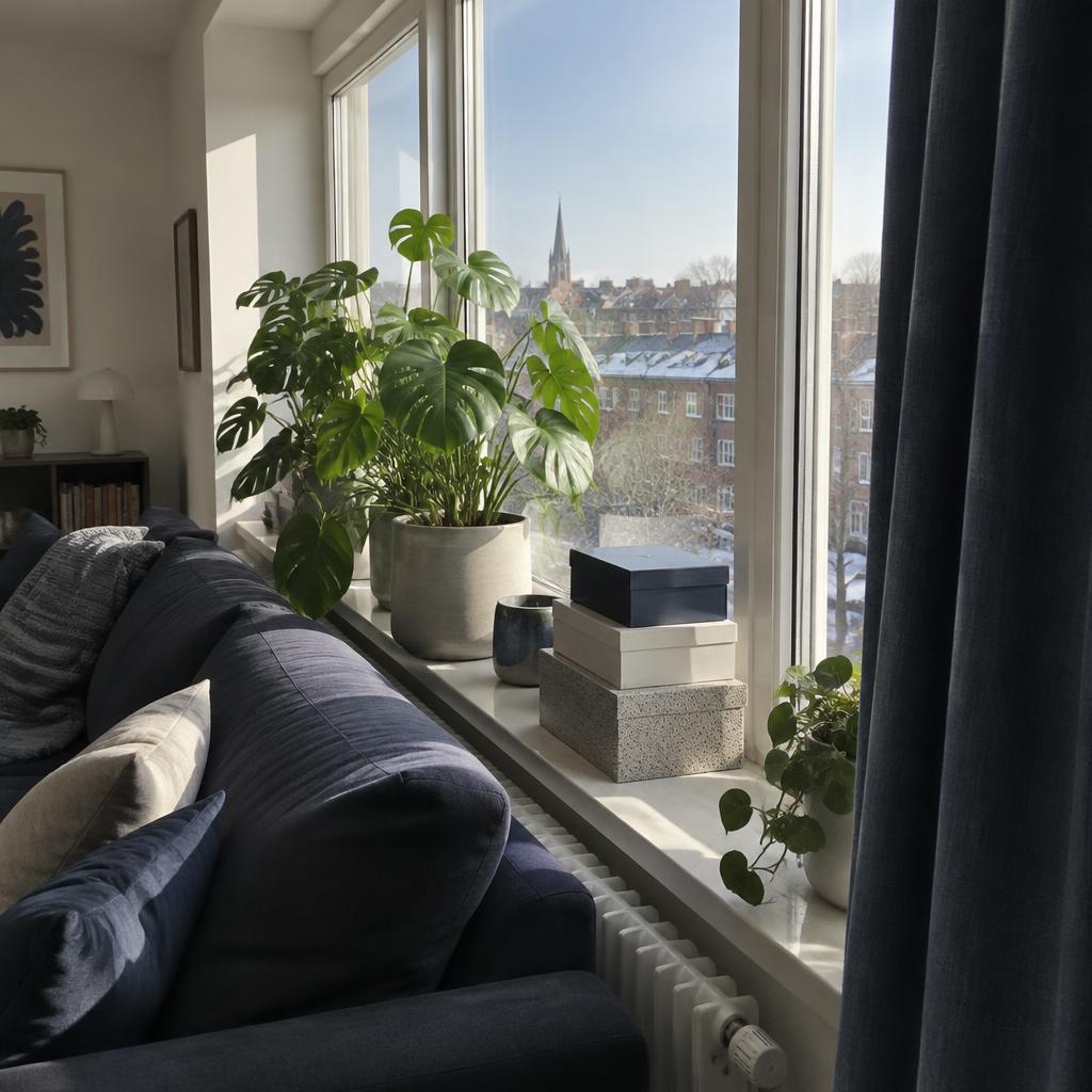 Stuevindue med sofa, planter og kasser stillet tæt op ad ruden og en radiator lige under